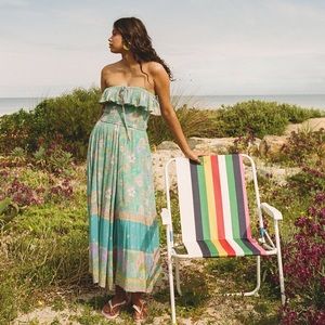 SPELL Hibiscus Lane Strapless Flutter Midi Dress Organic Lagoon Floral Print